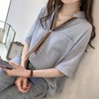 Elbow-sleeve Loose-fit Ribbon-neck Blouse