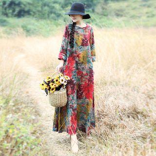 Floral Print Long-sleeve Maxi A-line Dress