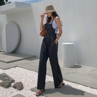 Strappy-back Pinstriped Overall Pants Black - One Size