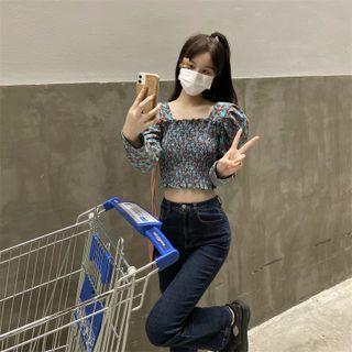 Square-neck Puff-sleeve Corduroy Top Green - One Size