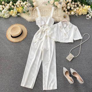 Set: Wide-leg Jumper Pants + Short-sleeve Double Breasted Blazer