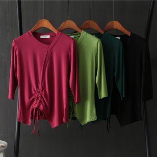 Asymmetric Elbow-sleeve Drawstring T-shirt
