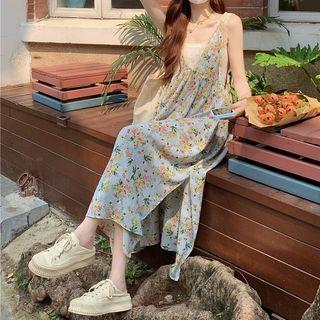 Spaghetti Strap Floral Print Midi Dress Floral - Yellow & Pink - One Size