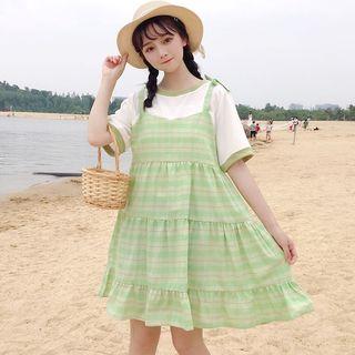 Mock Two-piece Short-sleeve Midi Plaid Dress As Shown In Figure - One Size