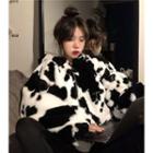 Cow Pattern Furry Zipped Hoodie Jacket - One Size