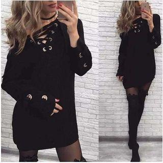 V-neck Lace-up Detail Long-sleeve Knit Top