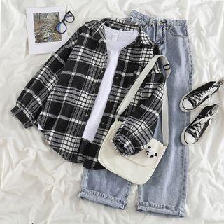 Long-sleeve Plaid Shirt / Washed Straight Leg Jeans