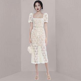 Short-sleeve Square-neck Lace Bodycon Dress