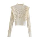 Mock-neck Lace Trim Cropped Sweater