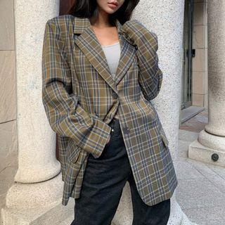 Long Sleeve Plaid Loose-fit Blazer