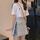 Set: Elbow-sleeve T-shirt + Lettering Denim Mini A-line Skirt