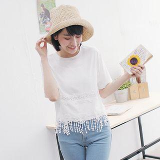 Lace Trim Short Sleeve Crewneck T-shirt
