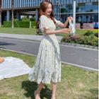 Puff-sleeve Paint Splatter Blouse / Midi A-line Dress