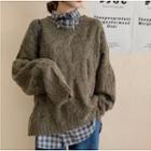 Loose-fit Knit Sweater / Ribbon-neckline Checker Shirt