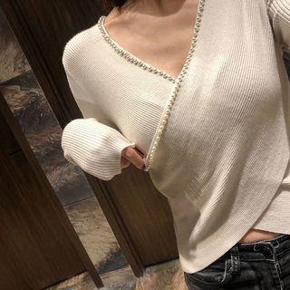 Beaded Wrap Knit Top Black - One Size