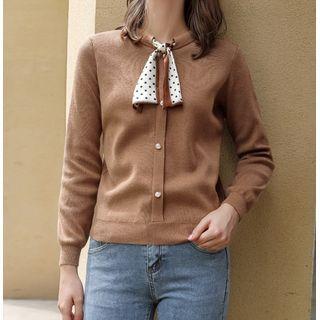 Long-sleeve Dotted Tie-neck Knit Top Coffee - One Size