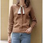 Long-sleeve Dotted Tie-neck Knit Top Coffee - One Size