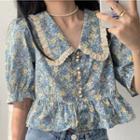 Flower Print Short-sleeve Blouse Yellow Floral - Blue - One Size