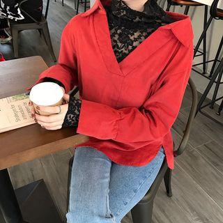 Lace-panel Corduroy Slit-side Top