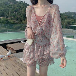Plain Camisole Top / Floral Chiffon Jacket / Mini Layered Skirt