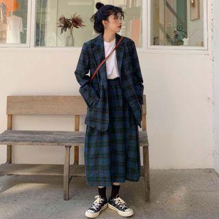 High-waist Plaid Semi Skirt / Plaid Blazer