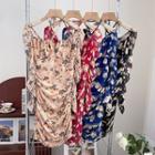 V-neck Floral Pleated Mini Dress
