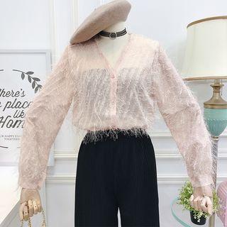 Fringed V-neck Sheer Shirt
