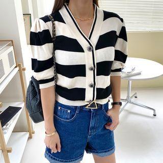 Puff-sleeve Button-detail Stripe Cardigan