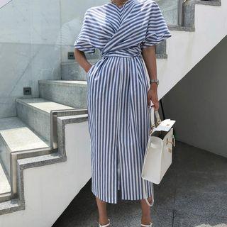 Short-sleeve Tie-back Pinstriped Midi Dress As Shown In Figure - One Size