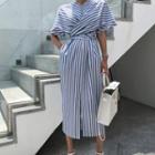 Short-sleeve Tie-back Pinstriped Midi Dress As Shown In Figure - One Size