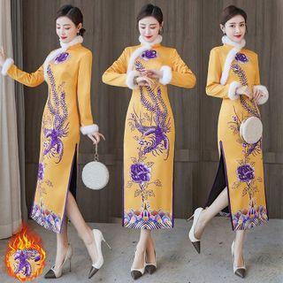 Long-sleeve Fleece Trim Embroidered Maxi Qipao