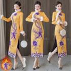 Long-sleeve Fleece Trim Embroidered Maxi Qipao