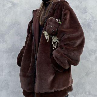 Bear Applique Zip-up Fleece Hoodie