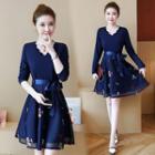 V-neck Embroidered Long-sleeve A-line Dress