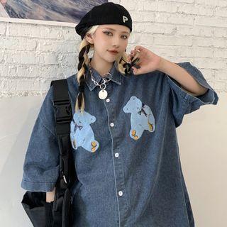 Elbow-sleeve Bear Embroidered Denim Jacket
