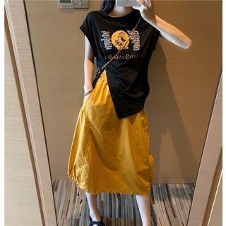 Slited Print T-shirt / Drawstring A-line Skirt