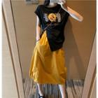 Slited Print T-shirt / Drawstring A-line Skirt