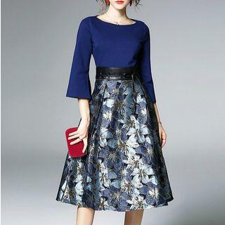 3/4-sleeve Patterned Panel A-line Midi Dress