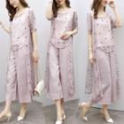 Set: Sleeveless Polka Dot Embroidered Chiffon Overlay Top + Elbow-sleeve Light Jacket + Wide-leg Pants
