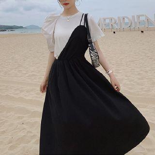Set: Short-sleeve Asymmetrical T-shirt + Strappy Midi A-line Overall Dress
