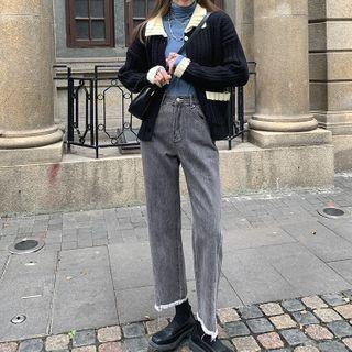 Distressed Straight-leg Jeans / Collared Cardigan