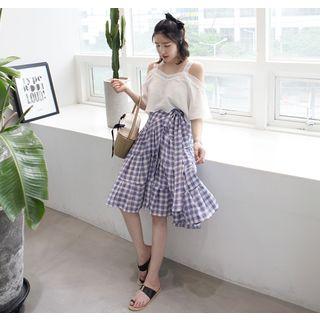 Off-shoulder Elbow-sleeve Lace-trim Top