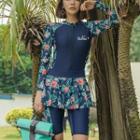 Set: Long-sleeve Floral Print Rash Gaurd + Swim Skirt + Tanikini Top