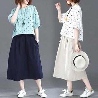 Set: Dotted Elbow-sleeve T-shirt + Midi A-line Skirt