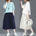 Set: Dotted Elbow-sleeve T-shirt + Midi A-line Skirt