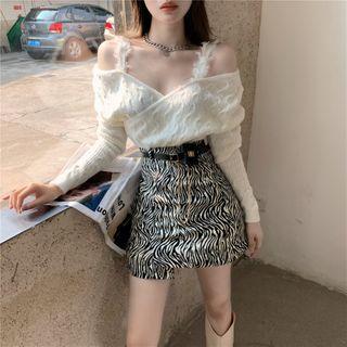 Cold-shoulder Long-sleeve Knit Top / Mini Pencil Skirt