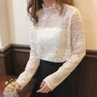 Long-sleeve Mock-neck Lace Top Stand Collar - Almond - One Size