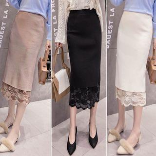 Lace-panel Midi Fitted Skirt