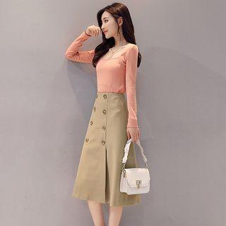 Set: Long-sleeve Top + Double-breast Midi Skirt