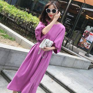 Elbow-sleeve Midi Dress With Belt